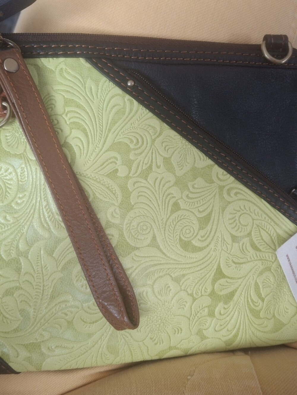 Embossed Light Green Shoulder Bag with Brown Trim